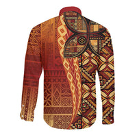 Samoan Pacific Tribal Flower Geometric Art Tattoos Long Sleeve Button Shirt Siapo Pattern Flame Sunset - Polynesian Pride