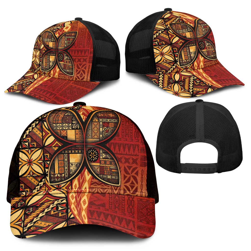 Samoan Pacific Tribal Flower Geometric Art Tattoos Mesh Trucker Cap Siapo Pattern Flame Sunset - Polynesian Pride