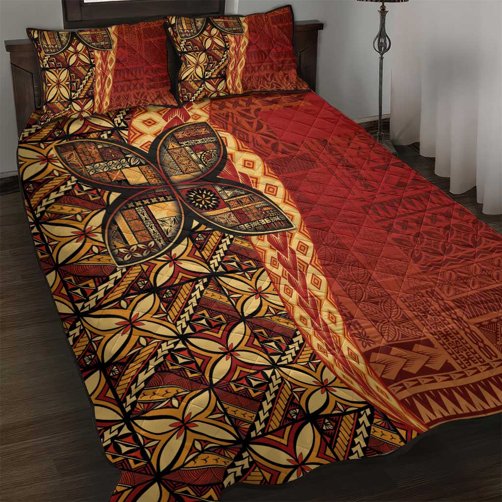 Samoan Pacific Tribal Flower Geometric Art Tattoos Quilt Bed Set Siapo Pattern Flame Sunset LT03 Red - Polynesian Pride