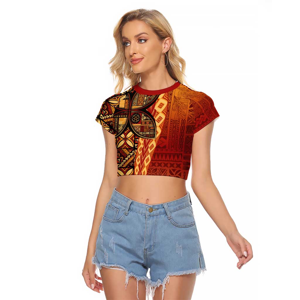 Samoan Pacific Tribal Flower Geometric Art Tattoos Raglan Cropped T Shirt Siapo Pattern Flame Sunset LT03 Female Red - Polynesian Pride