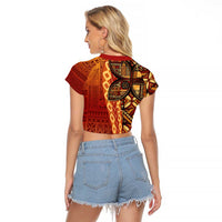 Samoan Pacific Tribal Flower Geometric Art Tattoos Raglan Cropped T Shirt Siapo Pattern Flame Sunset - Polynesian Pride