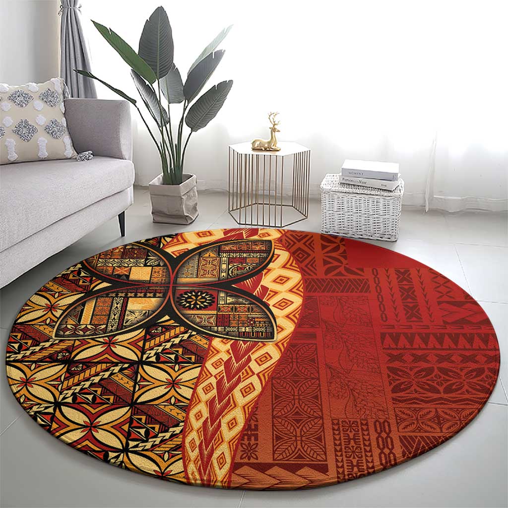 Samoan Pacific Tribal Flower Geometric Art Tattoos Round Carpet Siapo Pattern Flame Sunset - Polynesian Pride