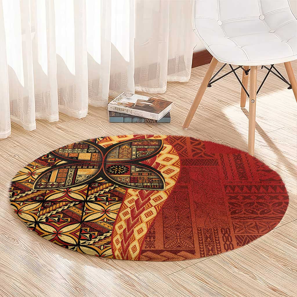 Samoan Pacific Tribal Flower Geometric Art Tattoos Round Carpet Siapo Pattern Flame Sunset - Polynesian Pride
