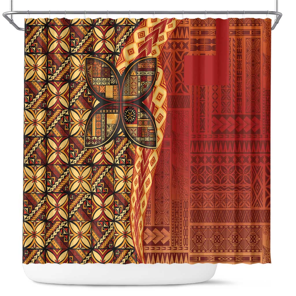 Samoan Pacific Tribal Flower Geometric Art Tattoos Shower Curtain Siapo Pattern Flame Sunset LT03 Red - Polynesian Pride