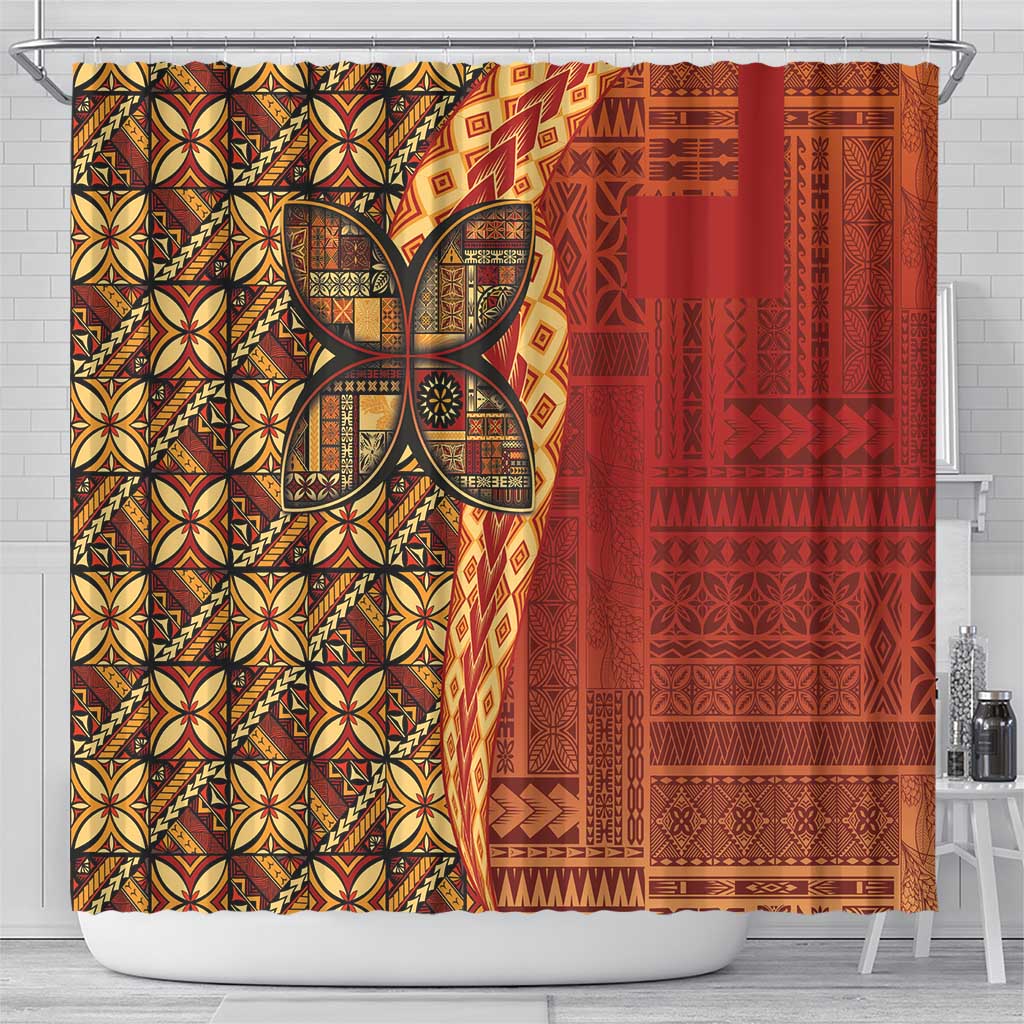 Samoan Pacific Tribal Flower Geometric Art Tattoos Shower Curtain Siapo Pattern Flame Sunset - Polynesian Pride