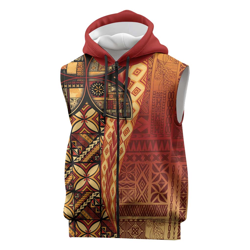 Samoan Pacific Tribal Flower Geometric Art Tattoos Sleeveless Zip Hoodie Siapo Pattern Flame Sunset LT03 Red - Polynesian Pride