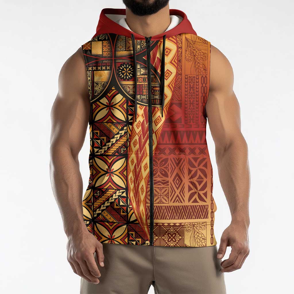 Samoan Pacific Tribal Flower Geometric Art Tattoos Sleeveless Zip Hoodie Siapo Pattern Flame Sunset LT03 - Polynesian Pride