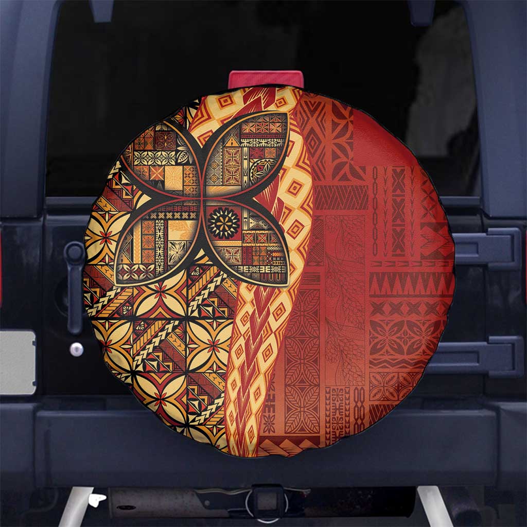 Samoan Pacific Tribal Flower Geometric Art Tattoos Spare Tire Cover Siapo Pattern Flame Sunset LT03 No hole Red - Polynesian Pride