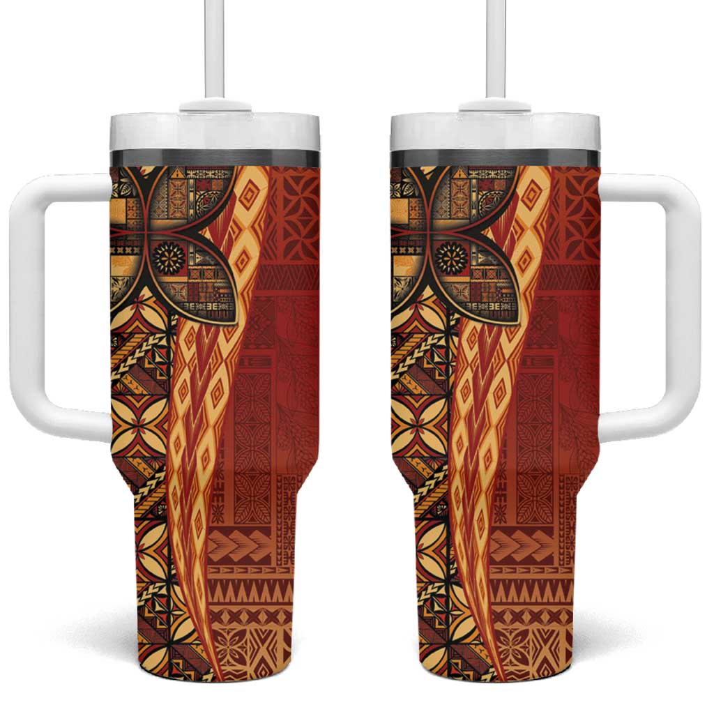 Samoan Pacific Tribal Flower Geometric Art Tattoos Tumbler With Handle Siapo Pattern Flame Sunset - Polynesian Pride