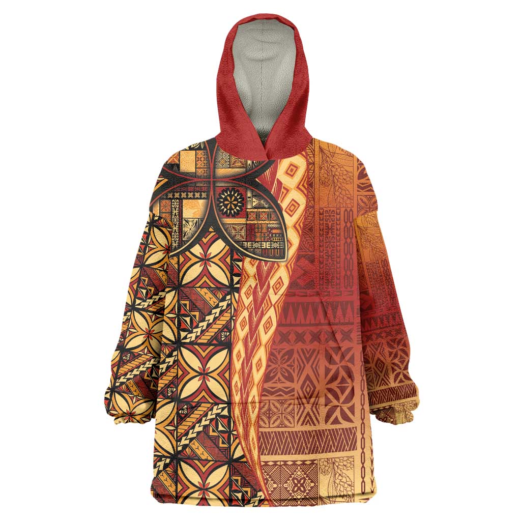 Samoan Pacific Tribal Flower Geometric Art Tattoos Wearable Blanket Hoodie Siapo Pattern Flame Sunset LT03 One Size Red - Polynesian Pride