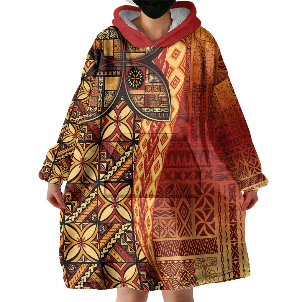Samoan Pacific Tribal Flower Geometric Art Tattoos Wearable Blanket Hoodie Siapo Pattern Flame Sunset - Polynesian Pride