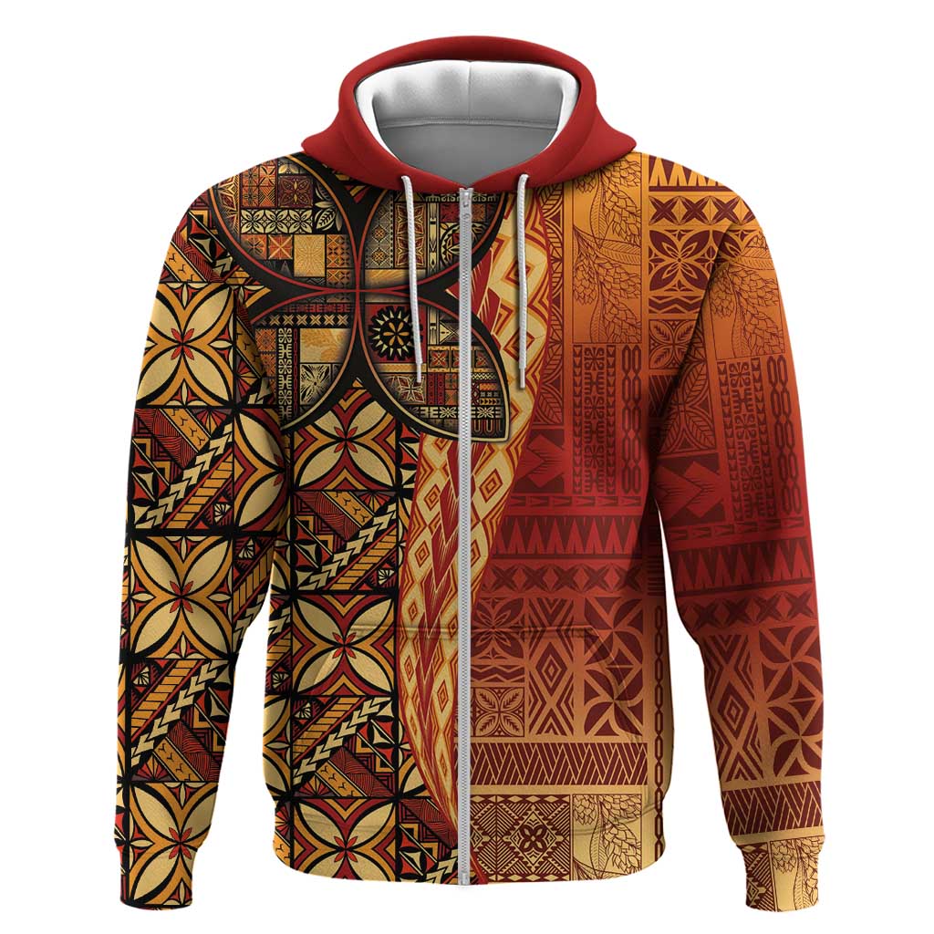 Samoan Pacific Tribal Flower Geometric Art Tattoos Zip Hoodie Siapo Pattern Flame Sunset LT03 Zip Hoodie Red - Polynesian Pride