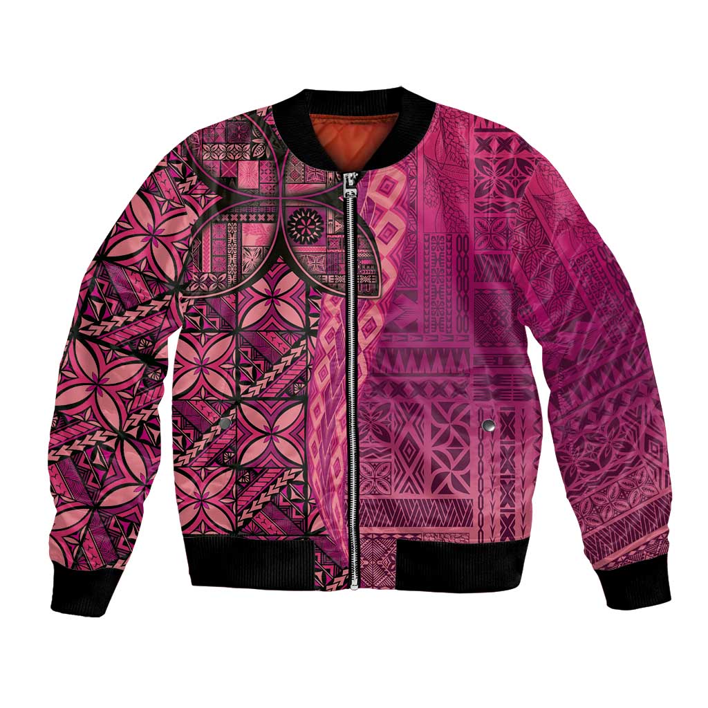Samoan Pacific Tribal Flower Geometric Art Tattoos Bomber Jacket Siapo Pattern Romantic Rose LT03 Unisex Pink - Polynesian Pride