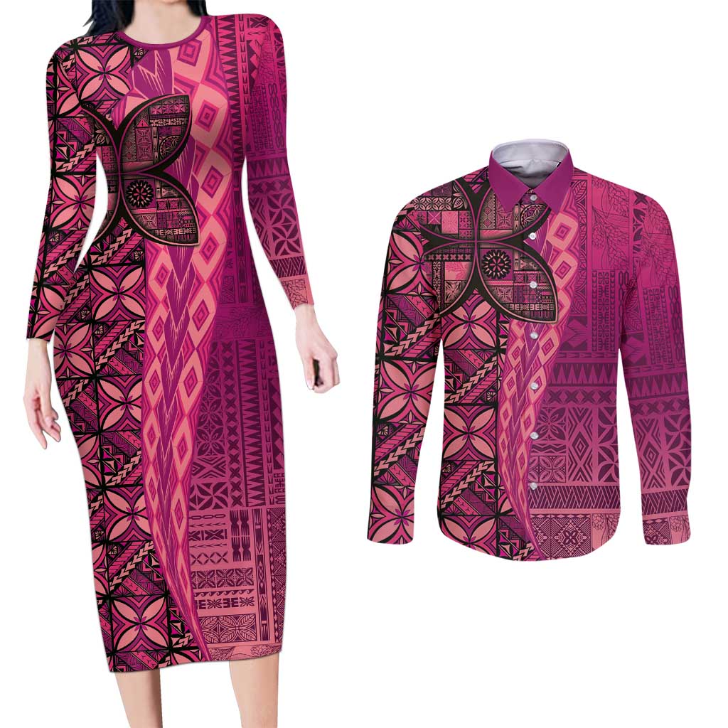 Samoan Pacific Tribal Flower Geometric Art Tattoos Couples Matching Long Sleeve Bodycon Dress and Long Sleeve Button Shirt Siapo Pattern Romantic Rose - Polynesian Pride