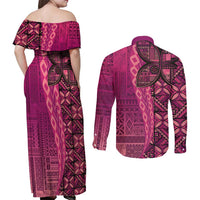 Samoan Pacific Tribal Flower Geometric Art Tattoos Couples Matching Off Shoulder Maxi Dress and Long Sleeve Button Shirt Siapo Pattern Romantic Rose - Polynesian Pride