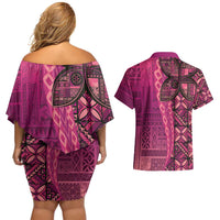Samoan Pacific Tribal Flower Geometric Art Tattoos Couples Matching Off Shoulder Short Dress and Hawaiian Shirt Siapo Pattern Romantic Rose - Polynesian Pride