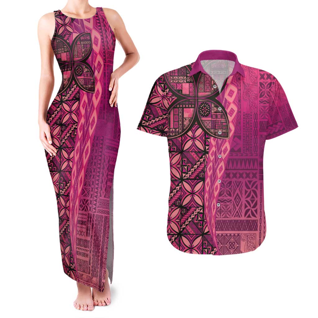 Samoan Pacific Tribal Flower Geometric Art Tattoos Couples Matching Tank Maxi Dress and Hawaiian Shirt Siapo Pattern Romantic Rose - Polynesian Pride