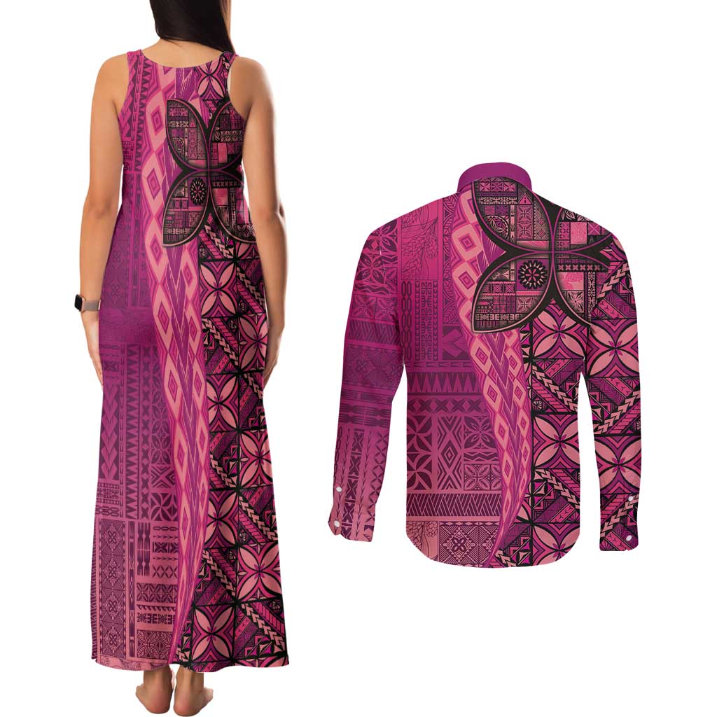 Samoan Pacific Tribal Flower Geometric Art Tattoos Couples Matching Tank Maxi Dress and Long Sleeve Button Shirt Siapo Pattern Romantic Rose - Polynesian Pride