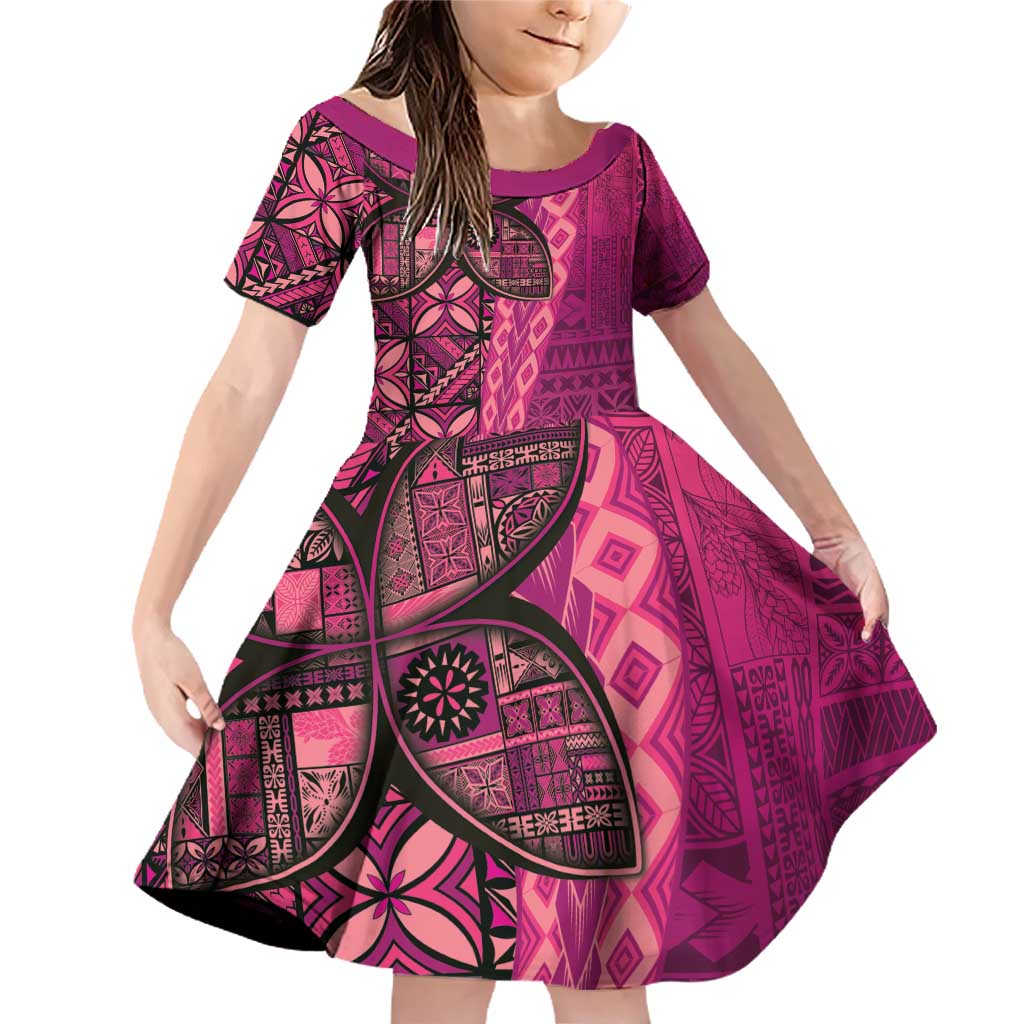 Samoan Pacific Tribal Flower Geometric Art Tattoos Family Matching Off Shoulder Short Dress and Hawaiian Shirt Siapo Pattern Romantic Rose - Polynesian Pride