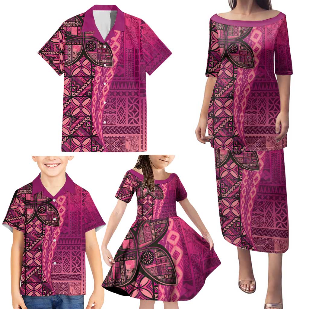 Samoan Pacific Tribal Flower Geometric Art Tattoos Family Matching Puletasi and Hawaiian Shirt Siapo Pattern Romantic Rose - Polynesian Pride