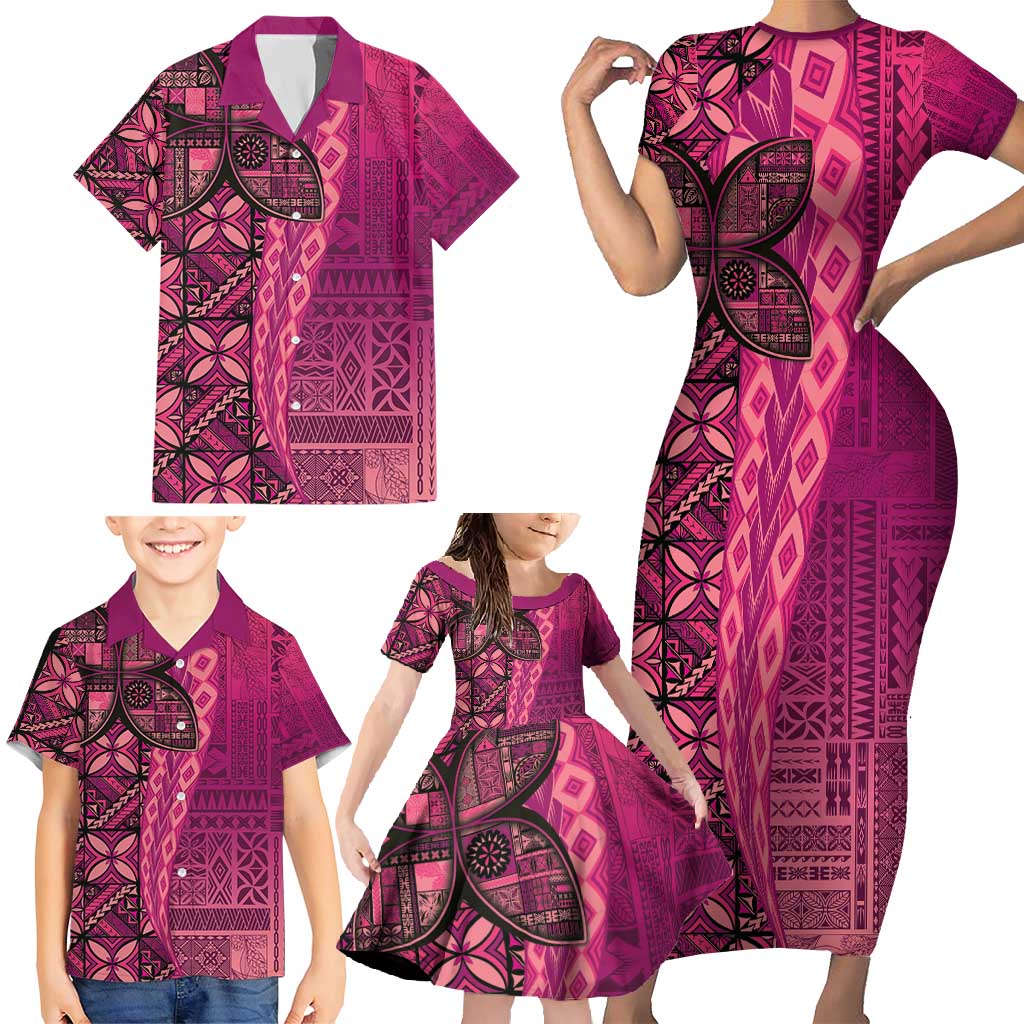 Samoan Pacific Tribal Flower Geometric Art Tattoos Family Matching Short Sleeve Bodycon Dress and Hawaiian Shirt Siapo Pattern Romantic Rose - Polynesian Pride