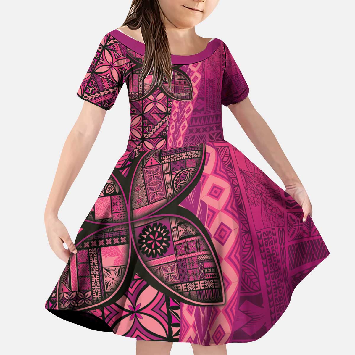 Samoan Pacific Tribal Flower Geometric Art Tattoos Kid Short Sleeve Dress Siapo Pattern Romantic Rose - Polynesian Pride