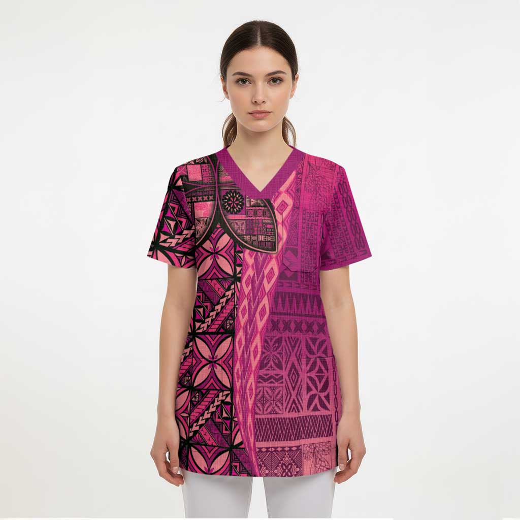 Samoan Pacific Tribal Flower Geometric Art Tattoos Scrub Top Siapo Pattern Romantic Rose - Polynesian Pride