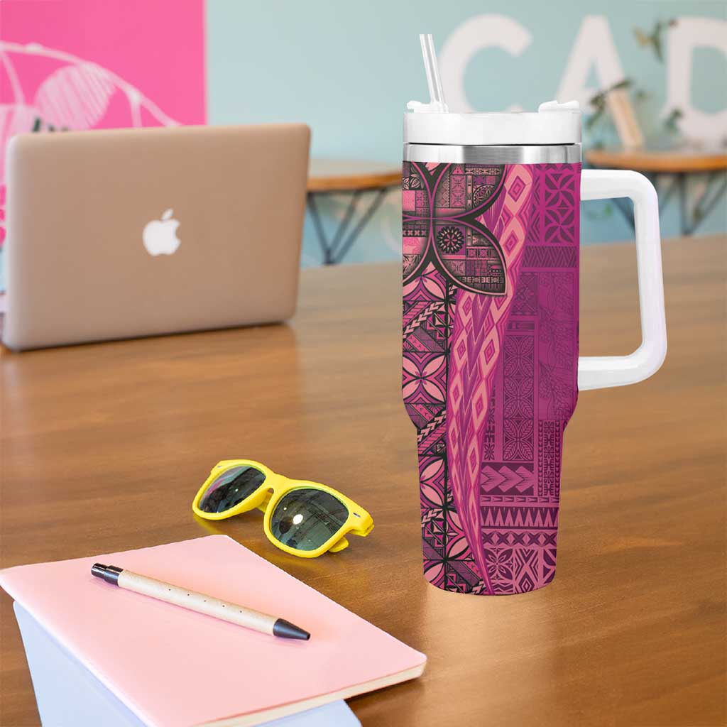 Samoan Pacific Tribal Flower Geometric Art Tattoos Tumbler With Handle Siapo Pattern Romantic Rose - Polynesian Pride