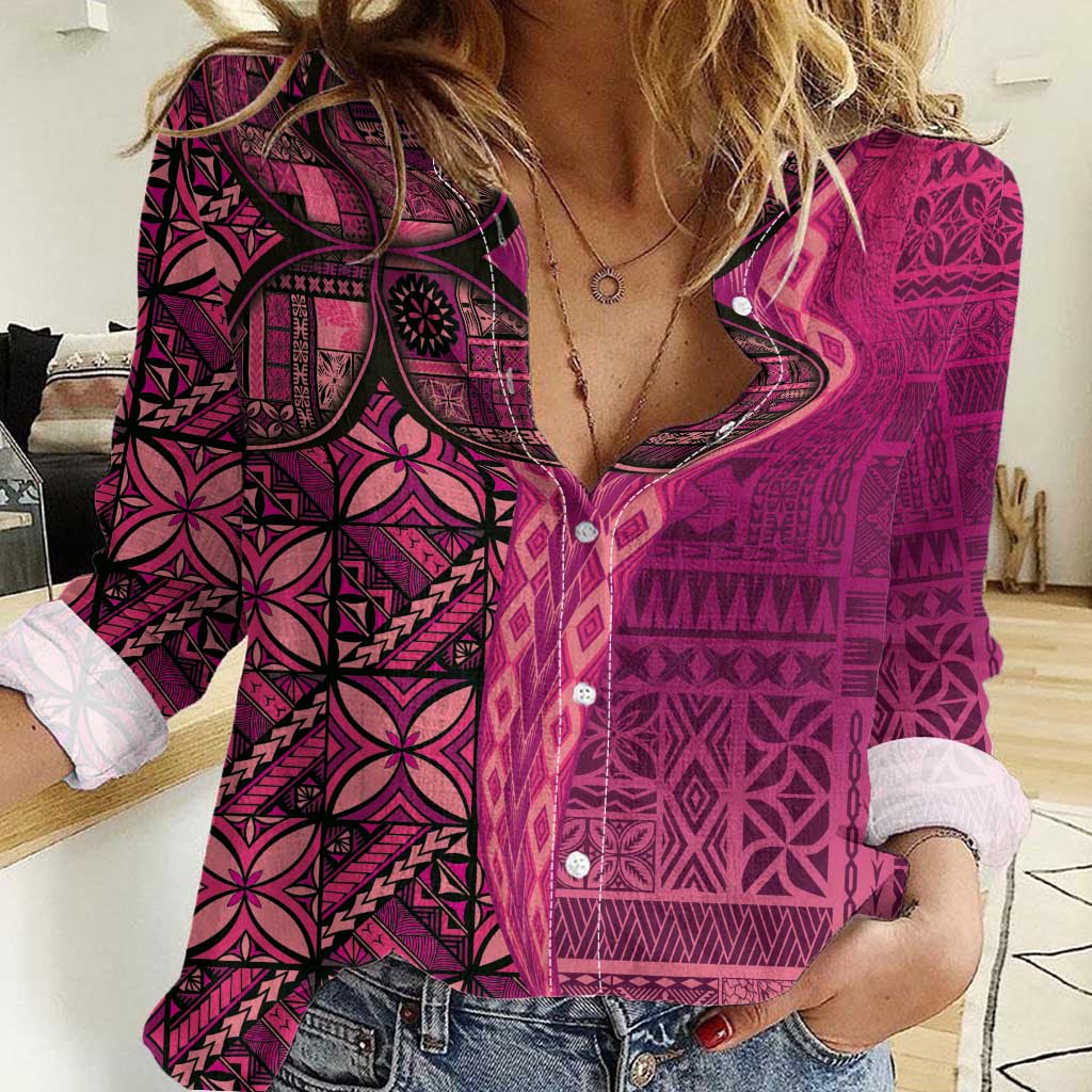 Samoan Pacific Tribal Flower Geometric Art Tattoos Women Casual Shirt Siapo Pattern Romantic Rose - Polynesian Pride