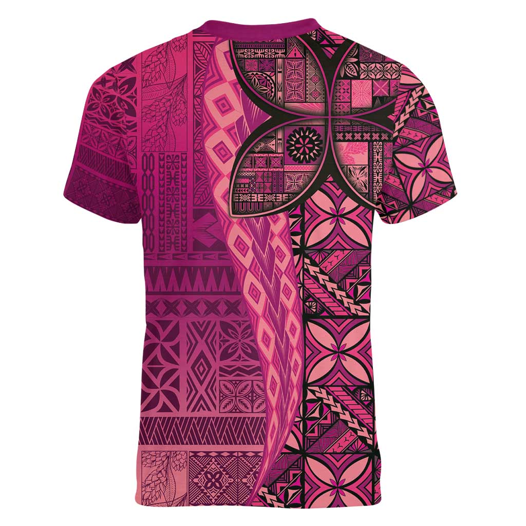 Samoan Pacific Tribal Flower Geometric Art Tattoos Women V-Neck T-Shirt Siapo Pattern Romantic Rose - Polynesian Pride