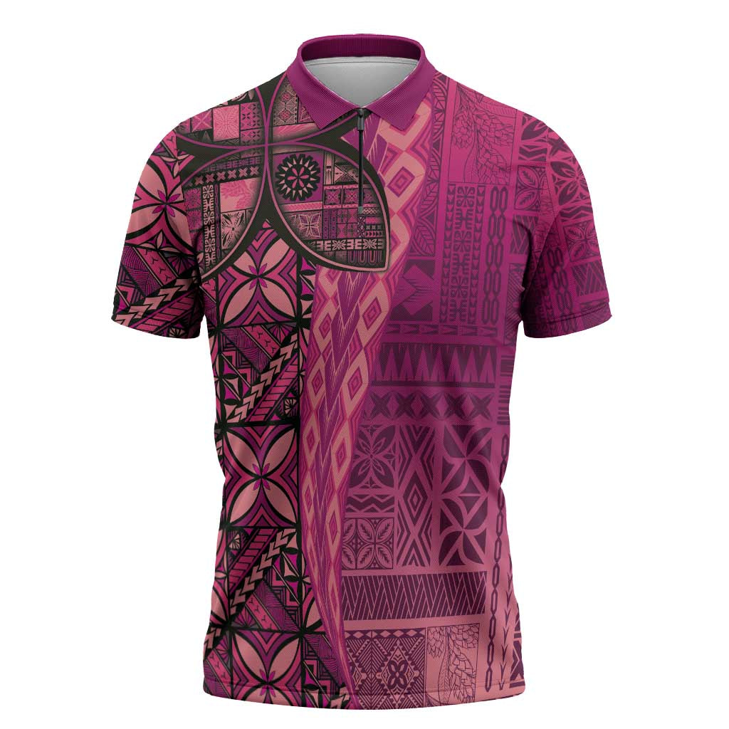 Samoan Pacific Tribal Flower Geometric Art Tattoos Zipper Polo Shirt Siapo Pattern Romantic Rose - Polynesian Pride