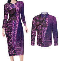 Samoan Pacific Tribal Flower Geometric Art Tattoos Couples Matching Long Sleeve Bodycon Dress and Long Sleeve Button Shirt Siapo Pattern Purple Haze - Polynesian Pride