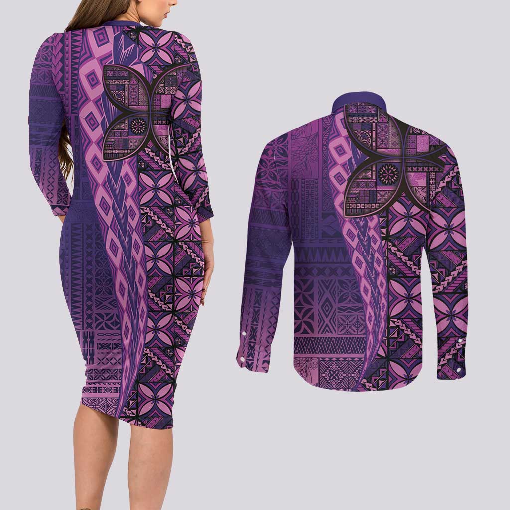 Samoan Pacific Tribal Flower Geometric Art Tattoos Couples Matching Long Sleeve Bodycon Dress and Long Sleeve Button Shirt Siapo Pattern Purple Haze - Polynesian Pride