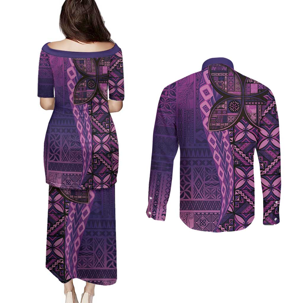 Samoan Pacific Tribal Flower Geometric Art Tattoos Couples Matching Puletasi and Long Sleeve Button Shirt Siapo Pattern Purple Haze - Polynesian Pride