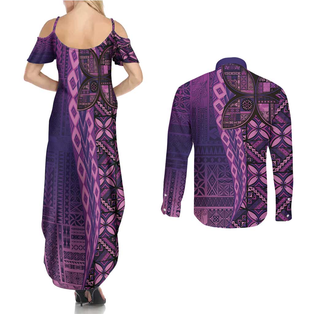 Samoan Pacific Tribal Flower Geometric Art Tattoos Couples Matching Summer Maxi Dress and Long Sleeve Button Shirt Siapo Pattern Purple Haze - Polynesian Pride