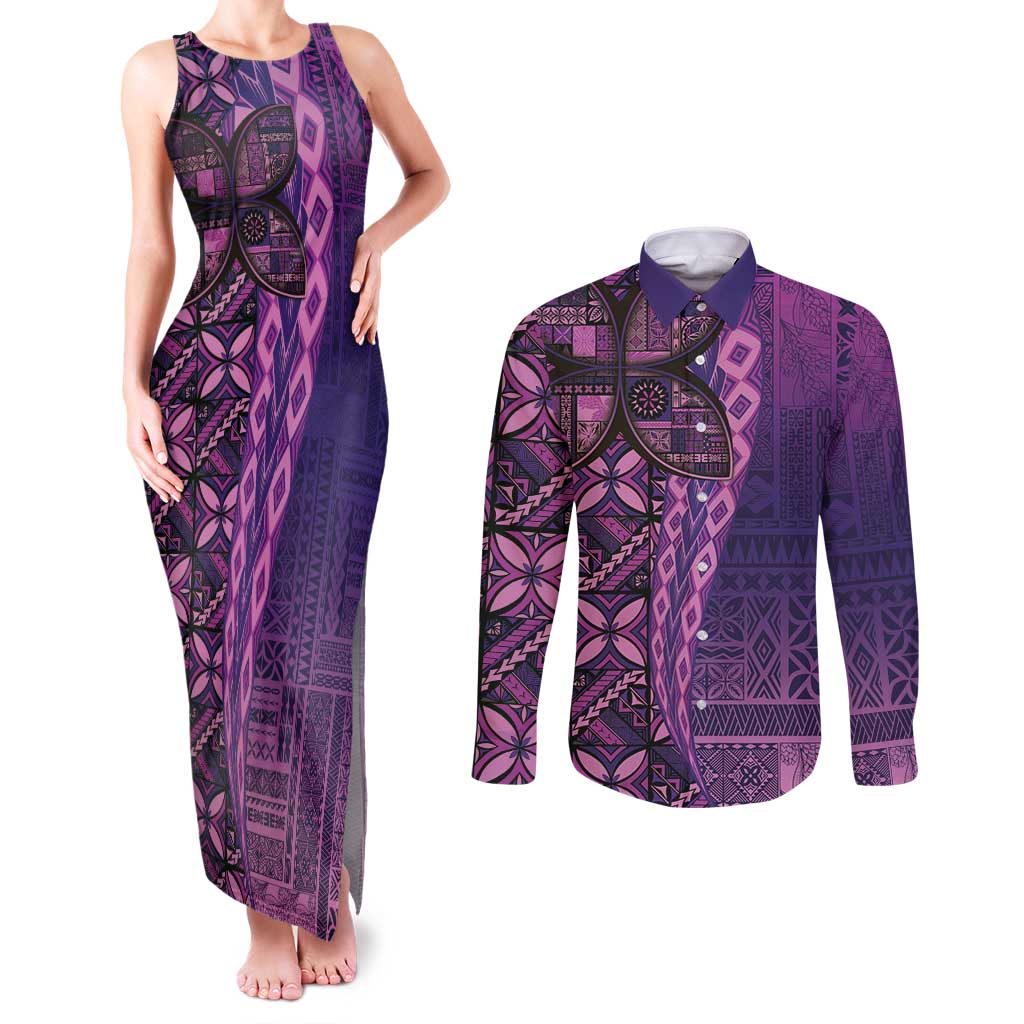 Samoan Pacific Tribal Flower Geometric Art Tattoos Couples Matching Tank Maxi Dress and Long Sleeve Button Shirt Siapo Pattern Purple Haze - Polynesian Pride