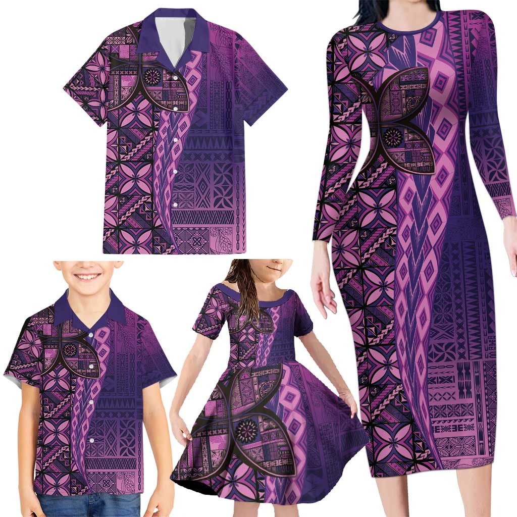 Samoan Pacific Tribal Flower Geometric Art Tattoos Family Matching Long Sleeve Bodycon Dress and Hawaiian Shirt Siapo Pattern Purple Haze - Polynesian Pride