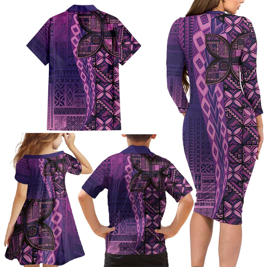 Samoan Pacific Tribal Flower Geometric Art Tattoos Family Matching Long Sleeve Bodycon Dress and Hawaiian Shirt Siapo Pattern Purple Haze - Polynesian Pride