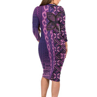 Samoan Pacific Tribal Flower Geometric Art Tattoos Family Matching Long Sleeve Bodycon Dress and Hawaiian Shirt Siapo Pattern Purple Haze - Polynesian Pride