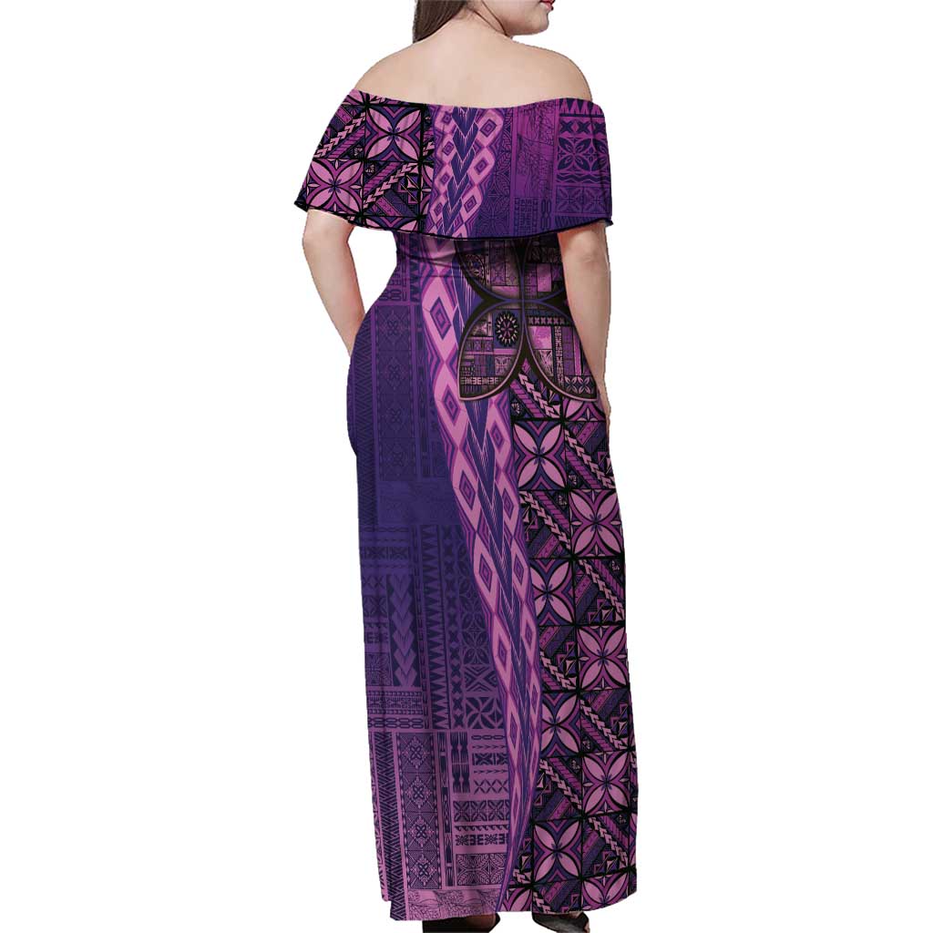 Samoan Pacific Tribal Flower Geometric Art Tattoos Family Matching Off Shoulder Maxi Dress and Hawaiian Shirt Siapo Pattern Purple Haze - Polynesian Pride