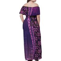 Samoan Pacific Tribal Flower Geometric Art Tattoos Family Matching Off Shoulder Maxi Dress and Hawaiian Shirt Siapo Pattern Purple Haze - Polynesian Pride