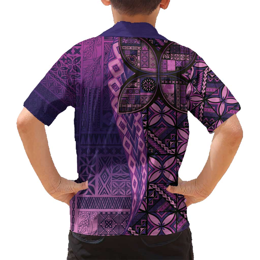 Samoan Pacific Tribal Flower Geometric Art Tattoos Family Matching Off Shoulder Short Dress and Hawaiian Shirt Siapo Pattern Purple Haze - Polynesian Pride