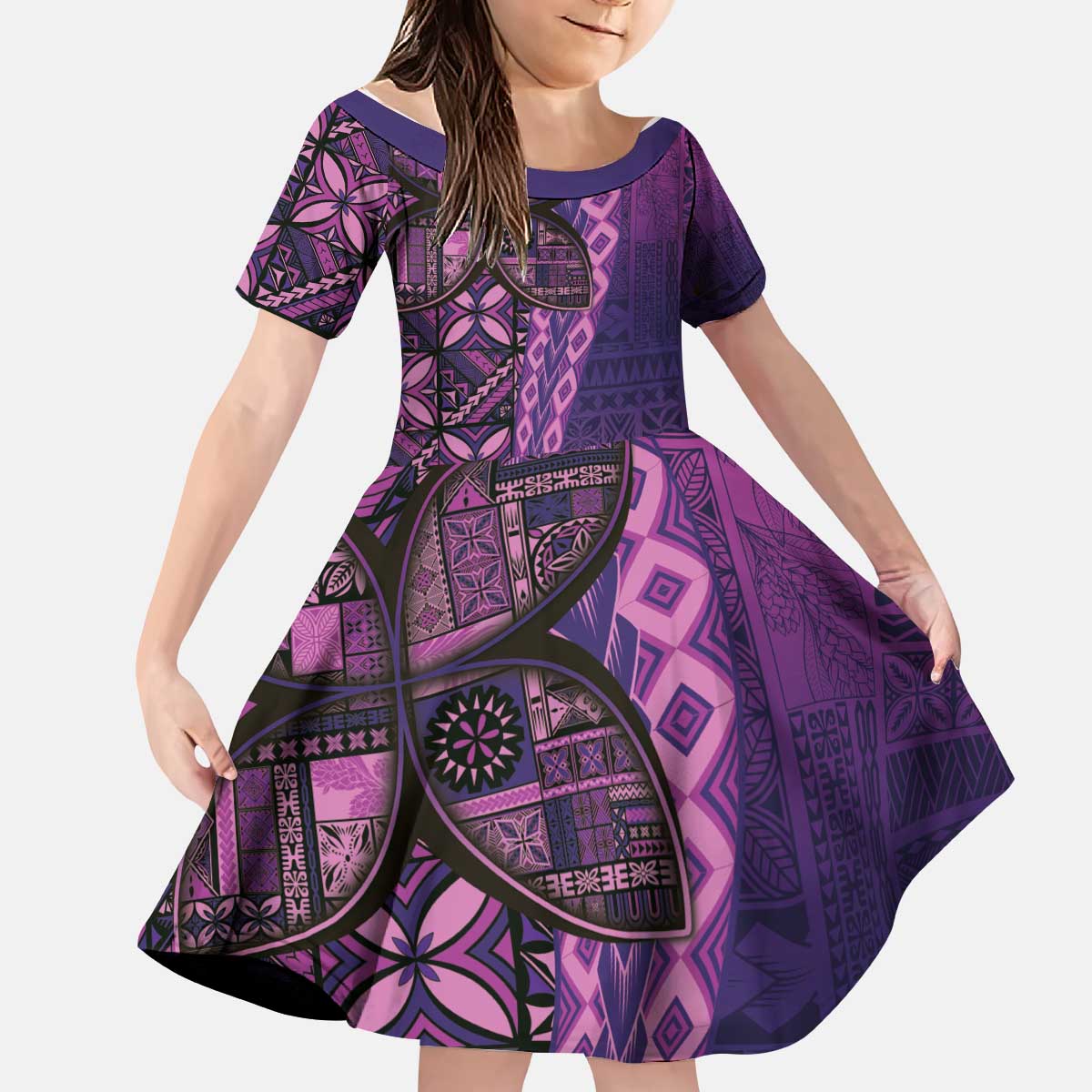 Samoan Pacific Tribal Flower Geometric Art Tattoos Kid Short Sleeve Dress Siapo Pattern Purple Haze - Polynesian Pride