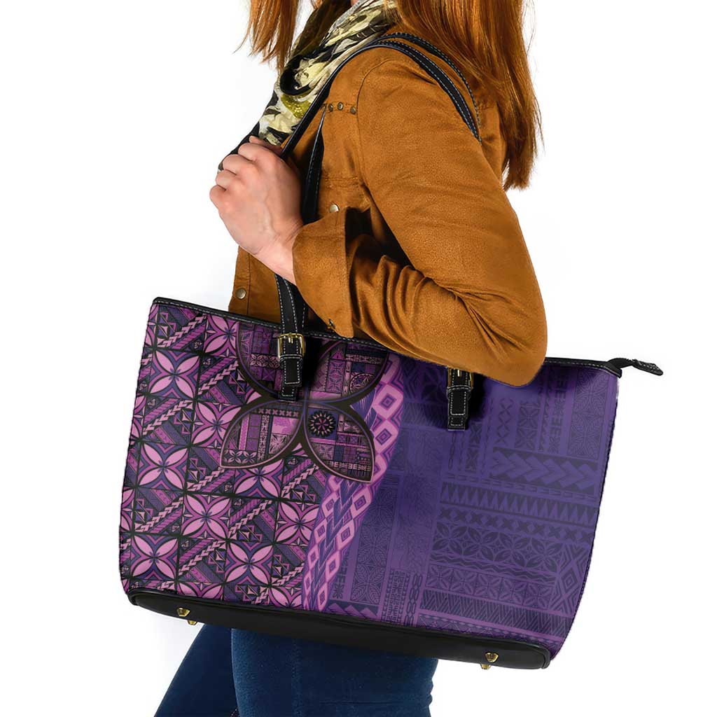 Samoan Pacific Tribal Flower Geometric Art Tattoos Leather Tote Bag Siapo Pattern Purple Haze LT03 Purple - Polynesian Pride