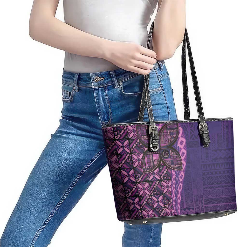 Samoan Pacific Tribal Flower Geometric Art Tattoos Leather Tote Bag Siapo Pattern Purple Haze LT03 - Polynesian Pride