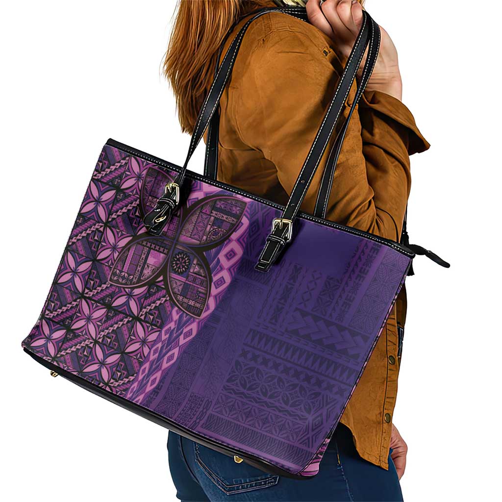 Samoan Pacific Tribal Flower Geometric Art Tattoos Leather Tote Bag Siapo Pattern Purple Haze LT03 - Polynesian Pride