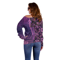 Samoan Pacific Tribal Flower Geometric Art Tattoos Off Shoulder Sweater Siapo Pattern Purple Haze - Polynesian Pride