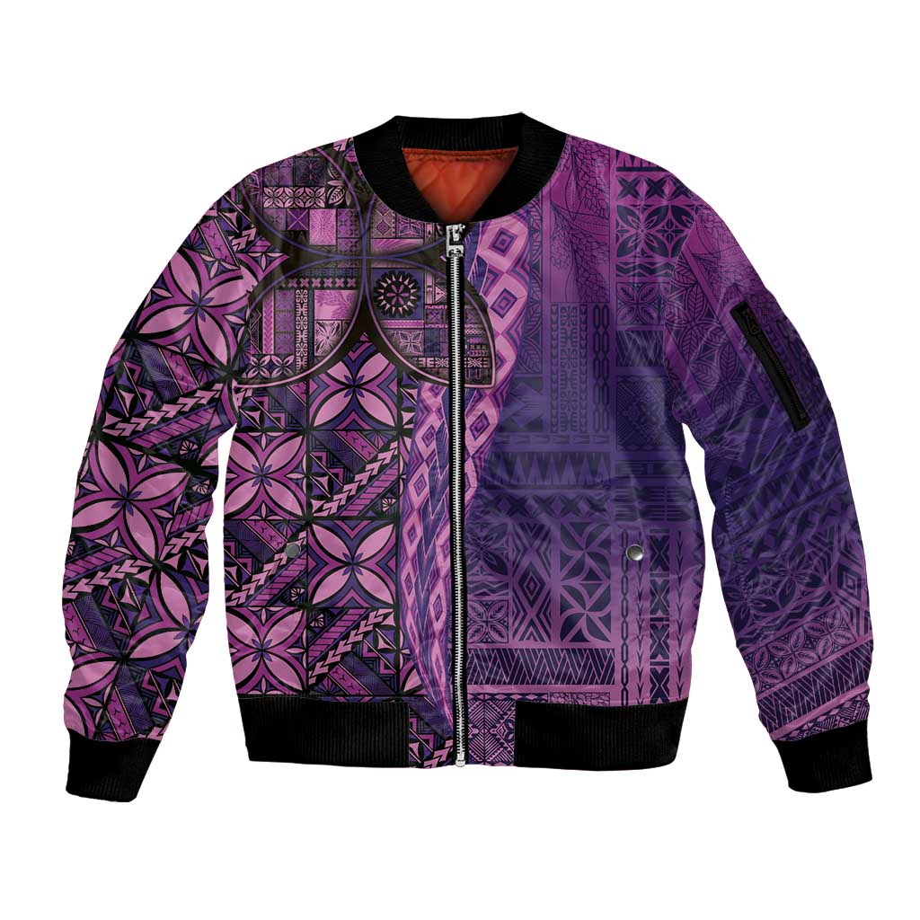 Samoan Pacific Tribal Flower Geometric Art Tattoos Sleeve Zip Bomber Jacket Siapo Pattern Purple Haze - Polynesian Pride