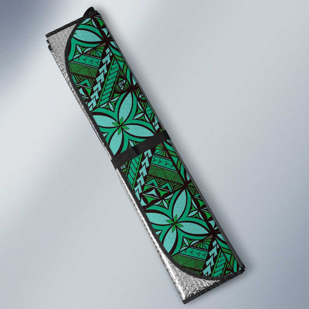 Samoan Pacific Tribal Flower Geometric Art Tattoos Auto Sun Shade Siapo Pattern Emerald Glow - Polynesian Pride
