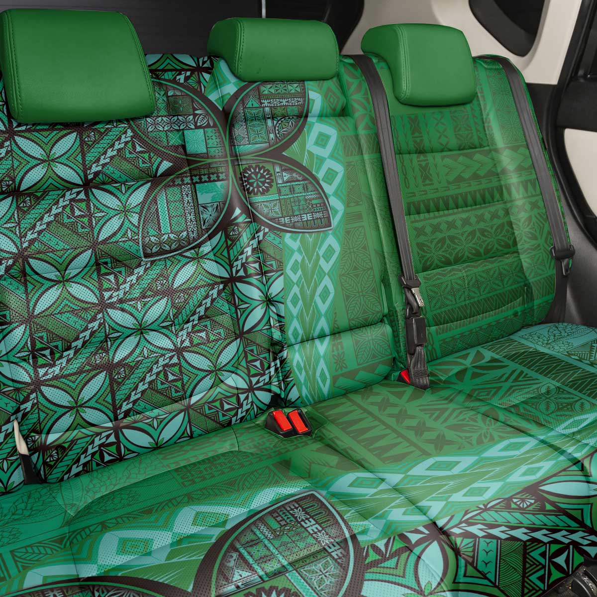 Samoan Pacific Tribal Flower Geometric Art Tattoos Back Car Seat Cover Siapo Pattern Emerald Glow - Polynesian Pride